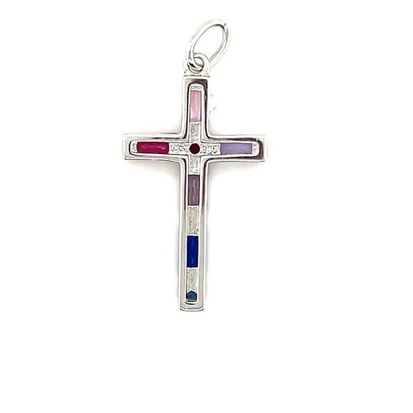 925 Silver Multicolor Stones Cross Pendant - Picture 2 of 4
